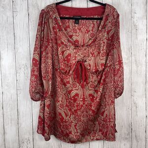 Lane Bryant Top Women 22/24 Red Paisley Satin Blouse Tie Detail Holiday Flowy